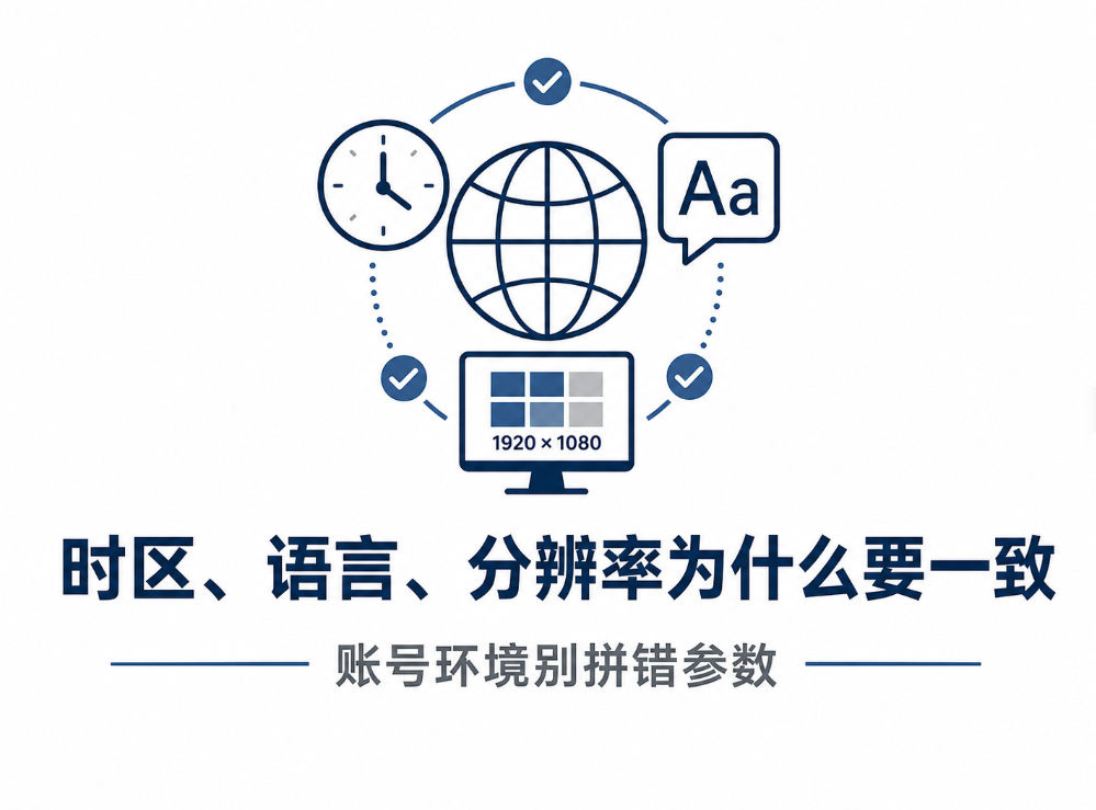 时区、语言、分辨率为什么要一致？账号环境别拼错参数